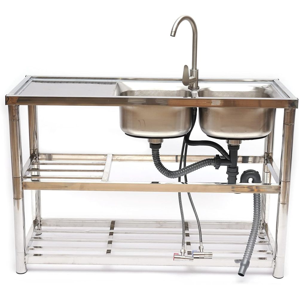 Commercial Kitchen Double Sink - Standing Stainless Steel Double Bowl Sink,
