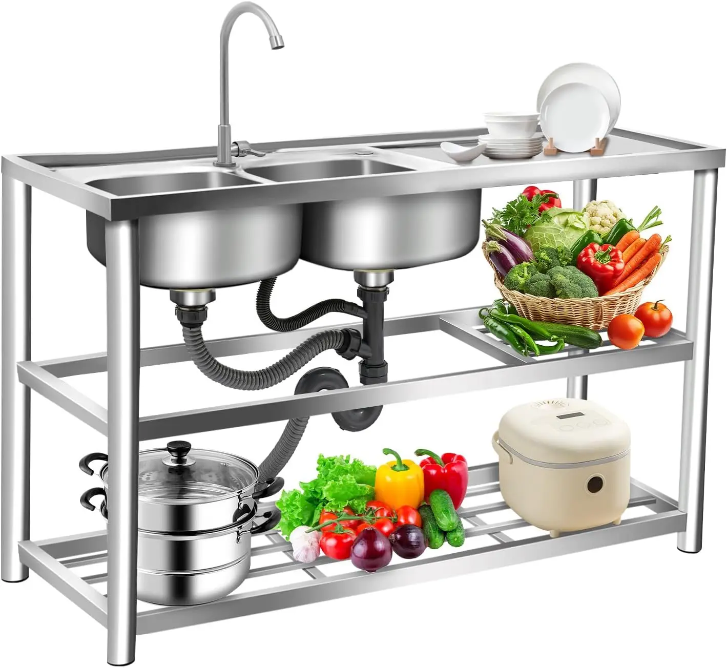 3 Tiers Freestanding Stainless - Commercial Kitchen Double Sink 评论和价格