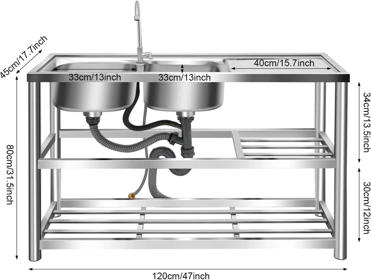 3 Tiers Freestanding Stainless - Commercial Kitchen Double Sink 评论和价格