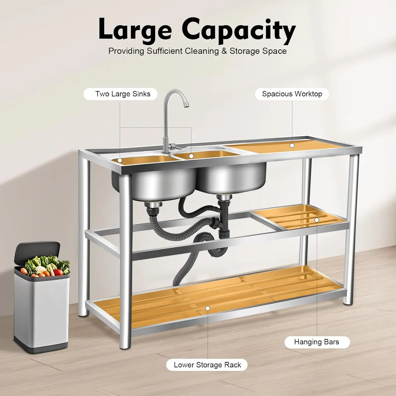 3 Tiers Freestanding Stainless - Commercial Kitchen Double Sink 评论和价格