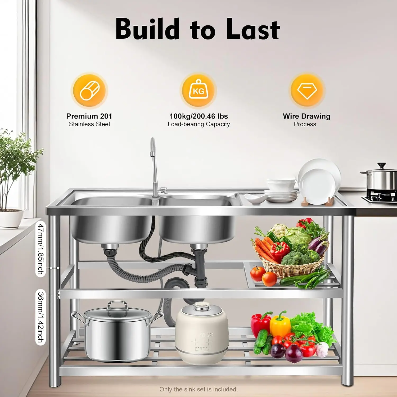 3 Tiers Freestanding Stainless - Commercial Kitchen Double Sink 评论和价格